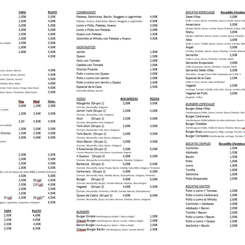 Cafetería-Cervecería, venta de desayunos y bocadillos, tapas caseras, pizzas, hamburguesas y chuches. Repartimos a domicilio de 12:00 a 16:00 y de 20:00 a 23:30 horas.