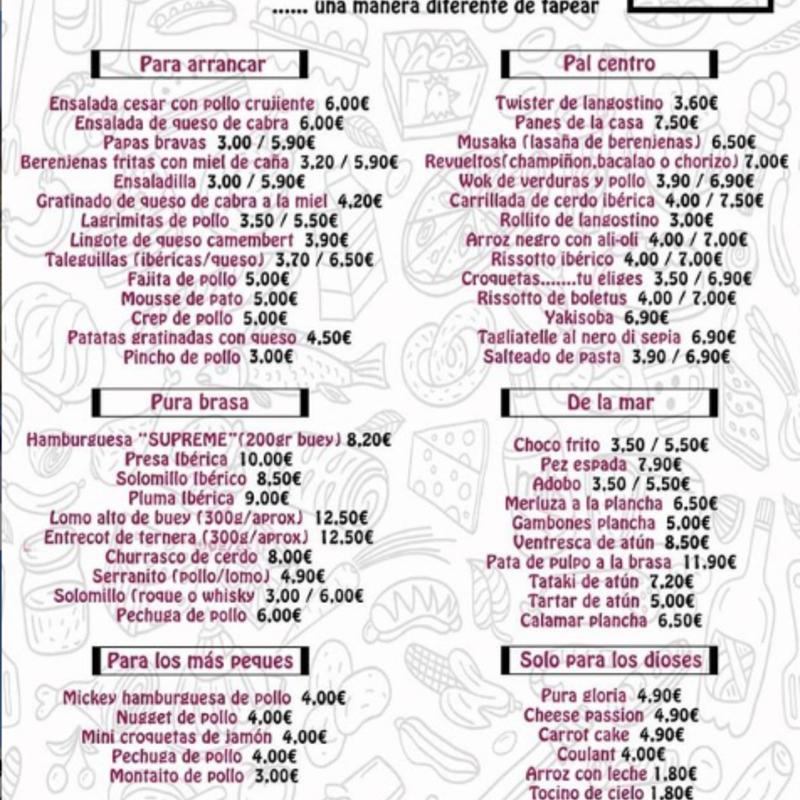 Bar de tapas con cocina innovadora. Los sabores de siempre, actualizados. Recogida de pedidos de 13:00 a 21:30 horas. Además, repartimos a domicilio los viernes y sábados de 20:00 a 22:30 horas.