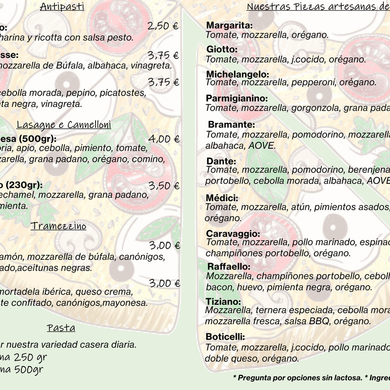 All Taglio es una empresa familiar que lleva en funcionamiento 3 años en San José de la Rinconada, donde nuestros productos se caracterizan por ser italianos importados, frescos traídos del mercado diariamente y artesanos ya que hacemos todo el proceso de producción para trasladaros a Italia sin salir de casa. Pagos por bizum al número 666923457.