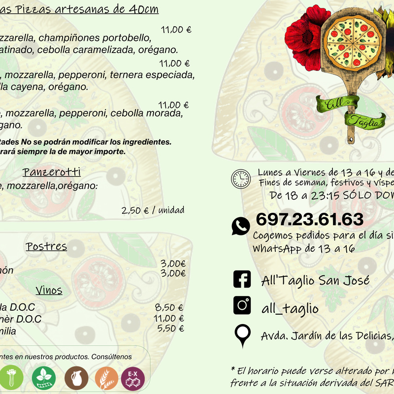 All Taglio es una empresa familiar que lleva en funcionamiento 3 años en San José de la Rinconada, donde nuestros productos se caracterizan por ser italianos importados, frescos traídos del mercado diariamente y artesanos ya que hacemos todo el proceso de producción para trasladaros a Italia sin salir de casa. Pagos por bizum al número 666923457.